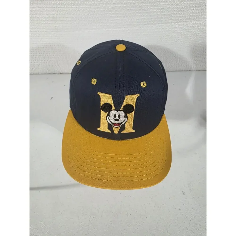 Vintage 90s Disney Mickey Mouse Snapback Baseball Cap Hat Navy Yellow